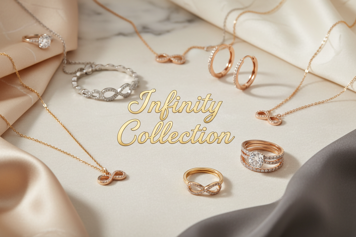 sonsuzluk kolye küpe bileklik ve yüzüklerden oluşan çokca ürün olabilir bir slayt görseli yap. orta kısımda Infinity Collection yazsın