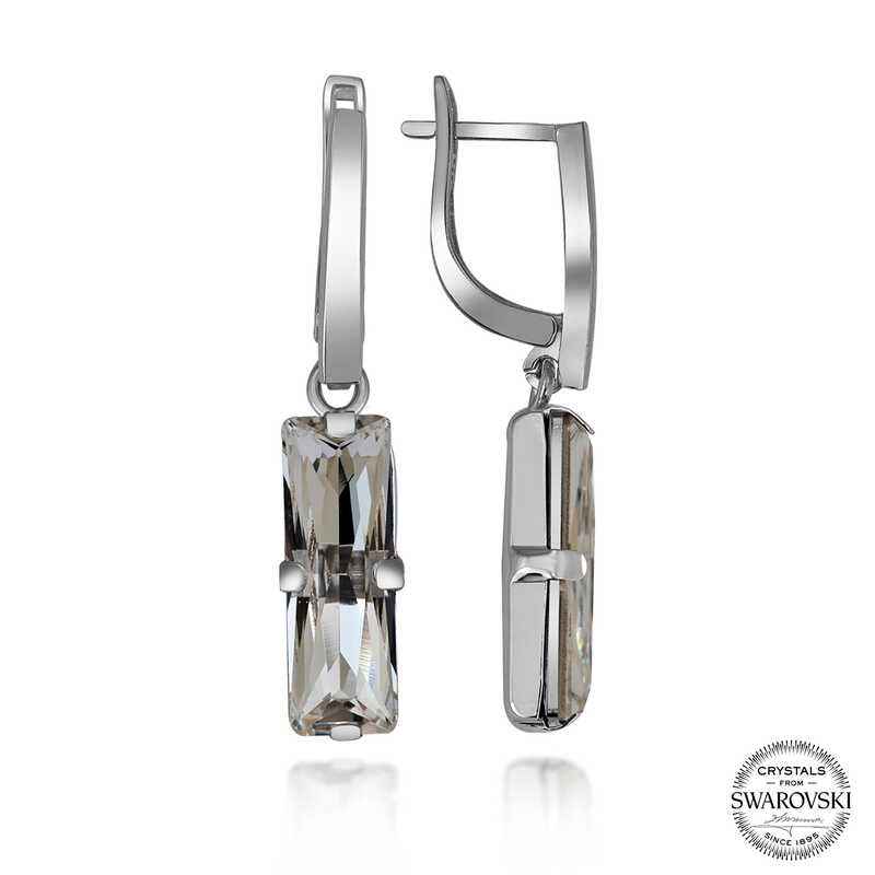 Swarovski Crystal Stone White Baguette Dangle Women's Silver Earrings