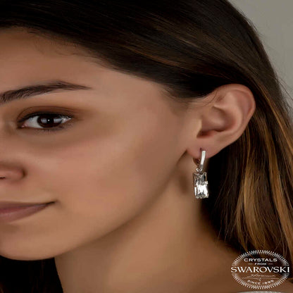 Swarovski Crystal Stone White Baguette Dangle Women's Silver Earrings