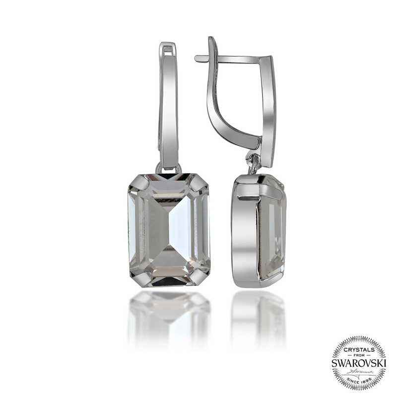 Swarovski Crystal Stone White Baguette Dangle Women's Silver Earrings