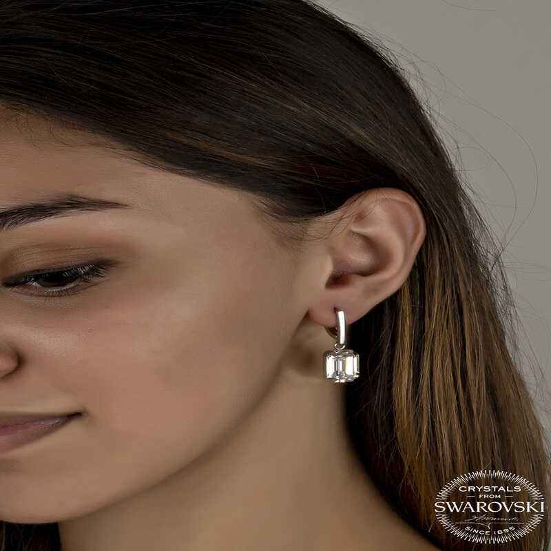 Swarovski Crystal Stone White Baguette Dangle Women's Silver Earrings
