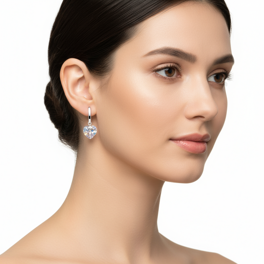 Crystal White Heart Dangle Women's Silver Earrings