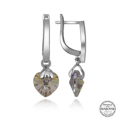 Swarovski Crystal Stone White Heart Dangle Women's Silver Earrings