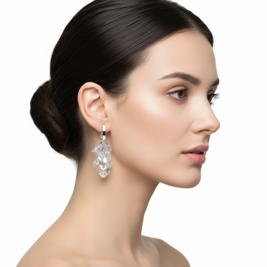 Crystal Heart Cluster Dangle Stud Women's Silver Earrings
