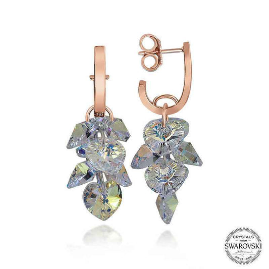 Swarovski Crystal Heart Cluster Dangle Stud Women's Rose Plated Silver Earrings