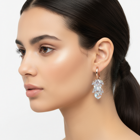 Crystal Heart Cluster Dangle Stud Women's Rose Plated Silver Earrings