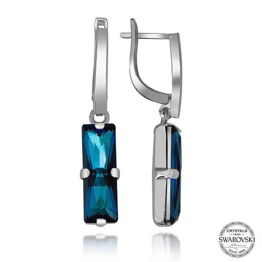 Swarovski Crystal Blue Baguette Dangle Women's Silver Earrings