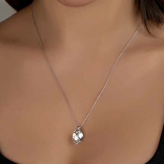Oval Crystal Stone Women's Silver Necklace