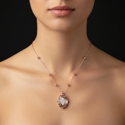 Crystal Stone Rose Plated Chain Oval Women's Silver Necklace