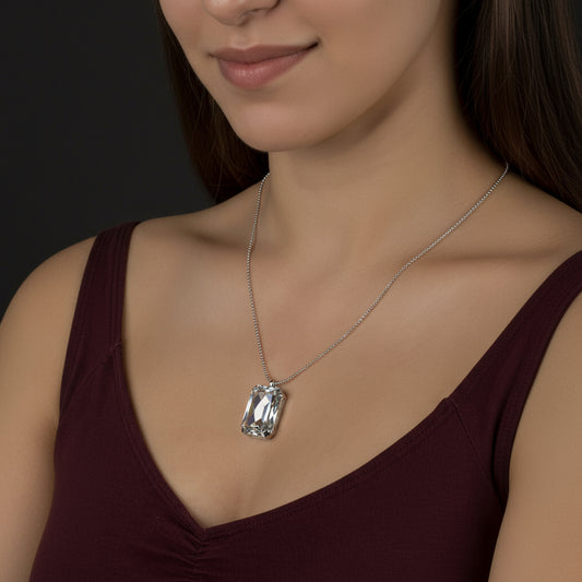 Crystal Stone Ball Chain Women's Silver Necklace