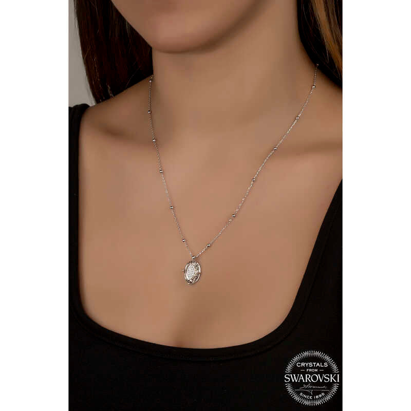 Collier ovale en argent avec chaîne à billes en cristal Swarovski pour femme