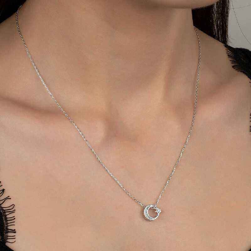 Swarovski Stone Crescent Moon Women's Silver Necklace