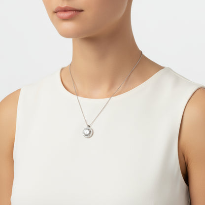 Crystal Stone Circle Solitaire Women's Silver Necklace