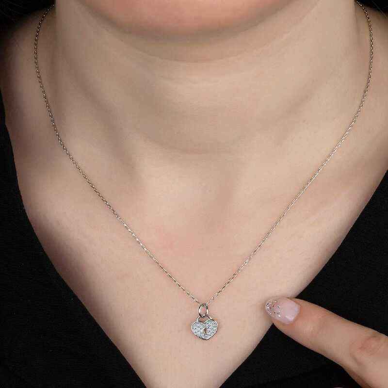 Swarovski Stone Heart Lock Women's Silver Necklace