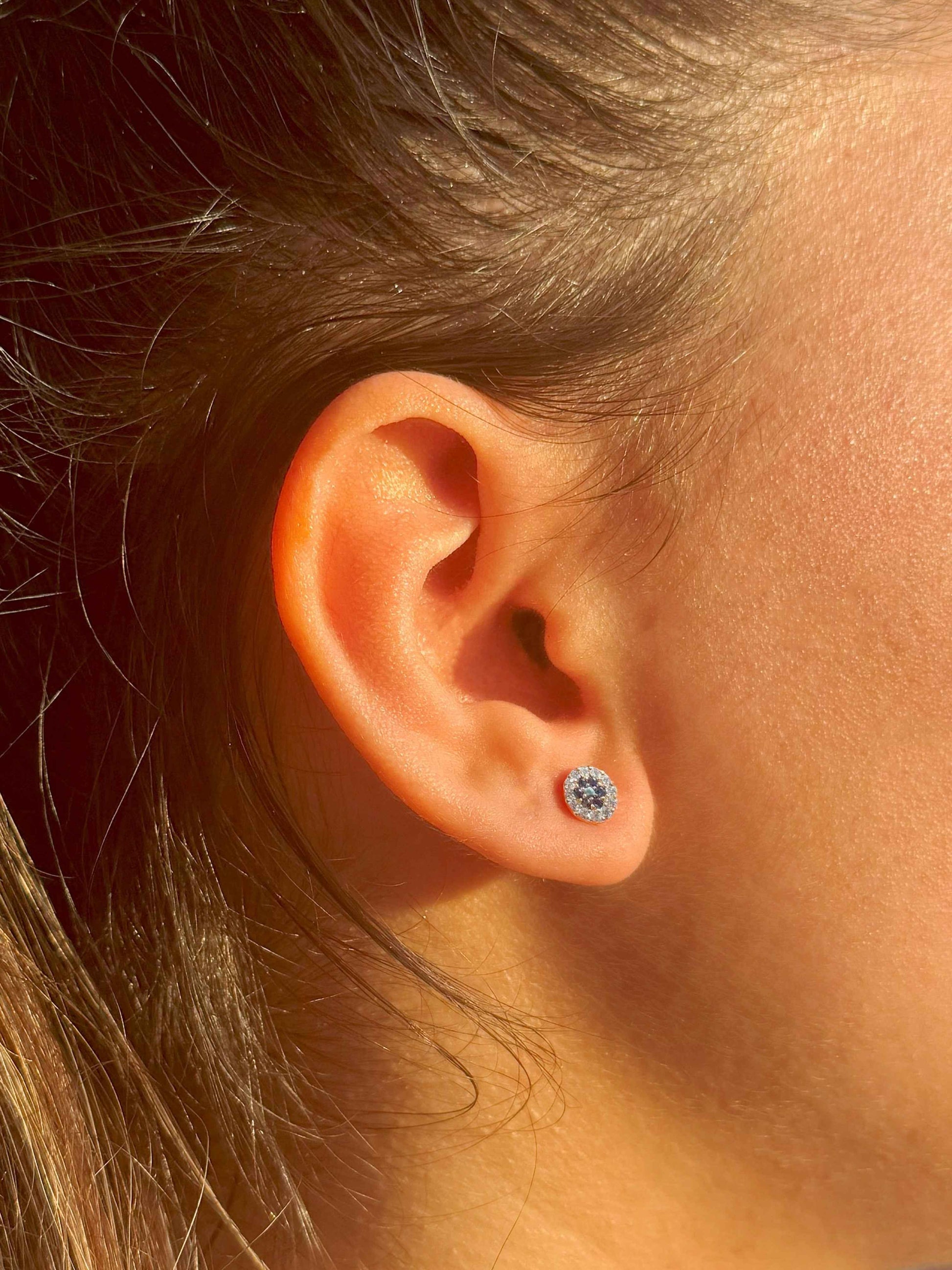 Mini White Navy Circle Silver Earrings