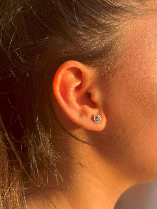 Mini White Navy Circle Silver Earrings