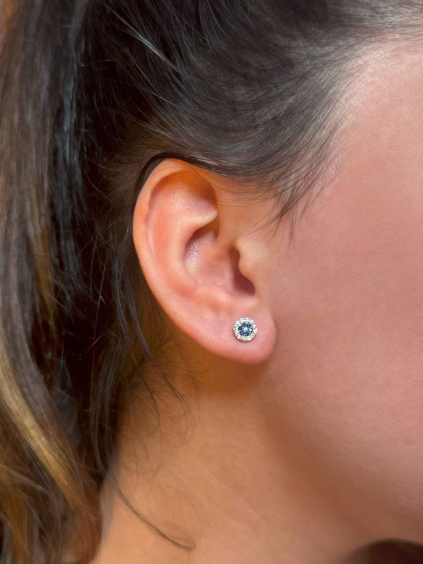 Mini White Navy Circle Silver Earrings