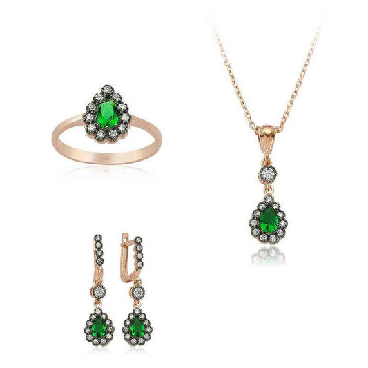 Green Stone Drop Women's Rose Gold Plated Silver Set