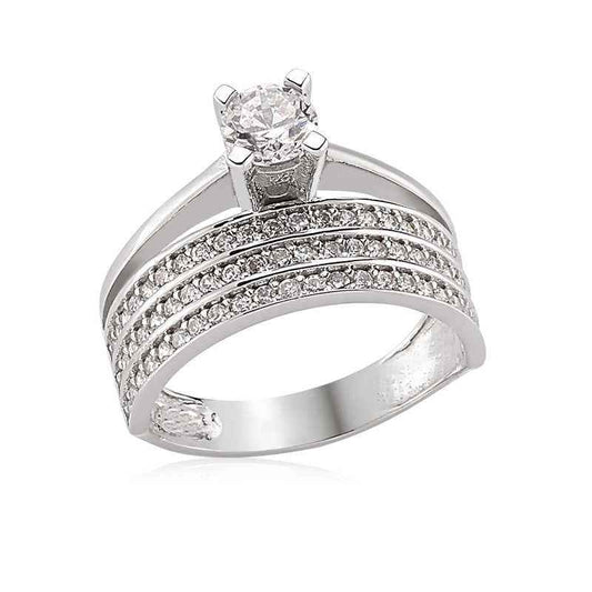 Single Stone Three-Row Women's Silver Ring