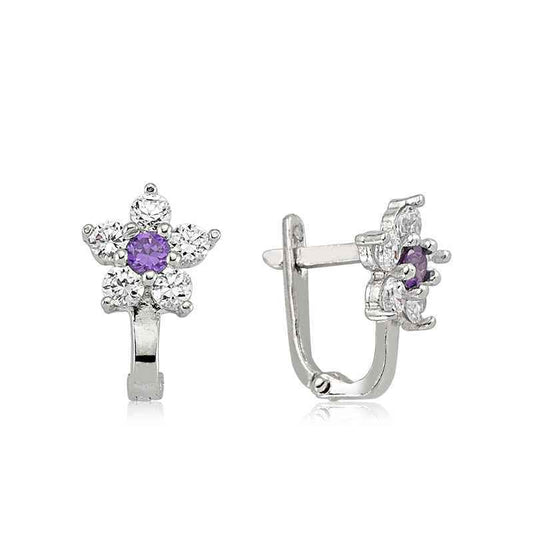 Purple Stone Flower Silver Earrings