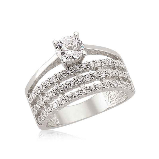 Single Stone Three-Row Women's Silver Ring