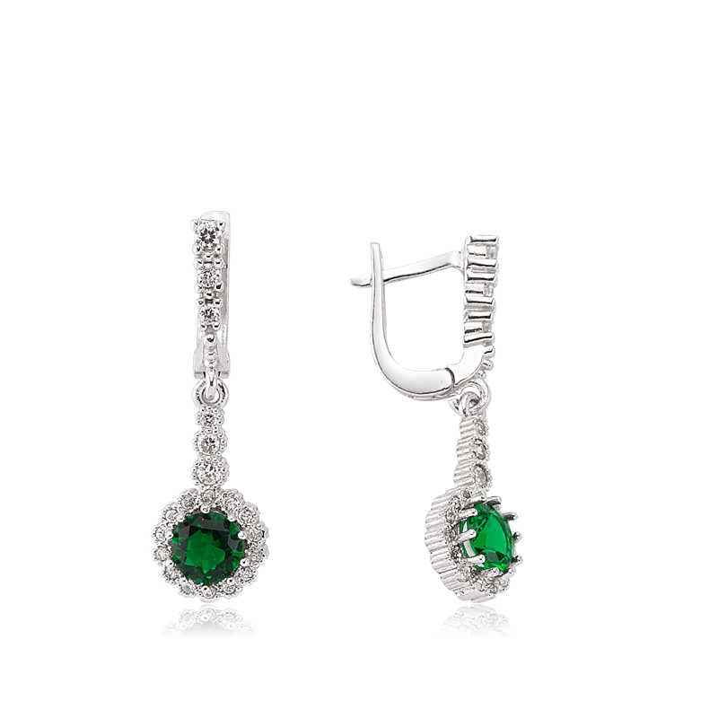 Green Flower Dangle Silver Earrings